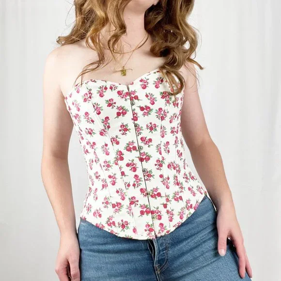 Vintage Corset Bustier Floral Lace Up Cottagecore Strapless Pin-Up Sexy Lingerie - Picture 4 of 5